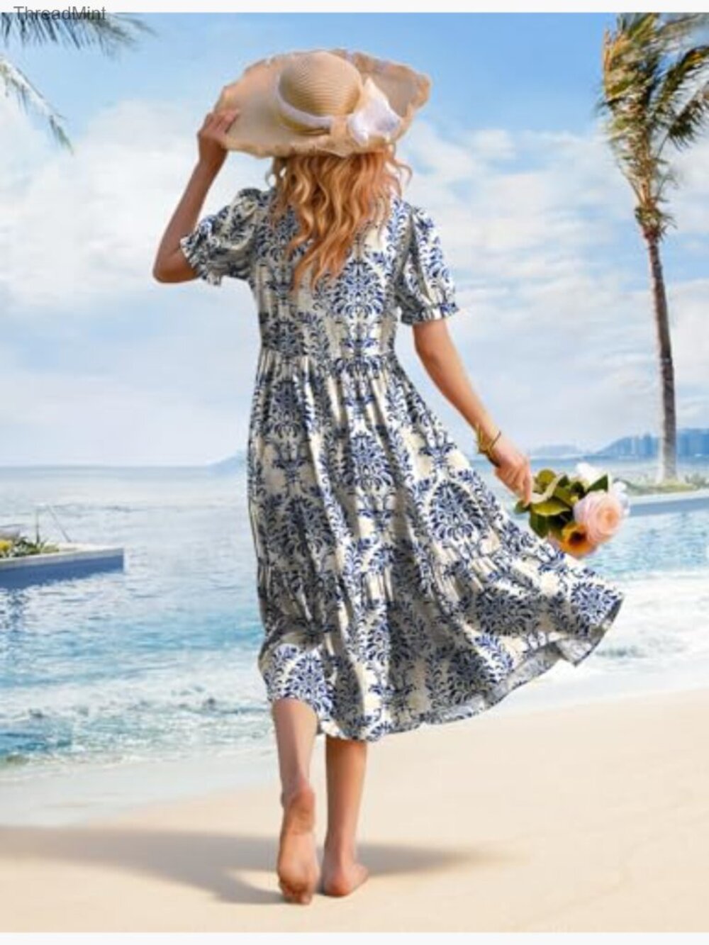 V Neck Short Sleeve Midi Dress with Pockets Floral A-Line Summer - Picture 3 of 7